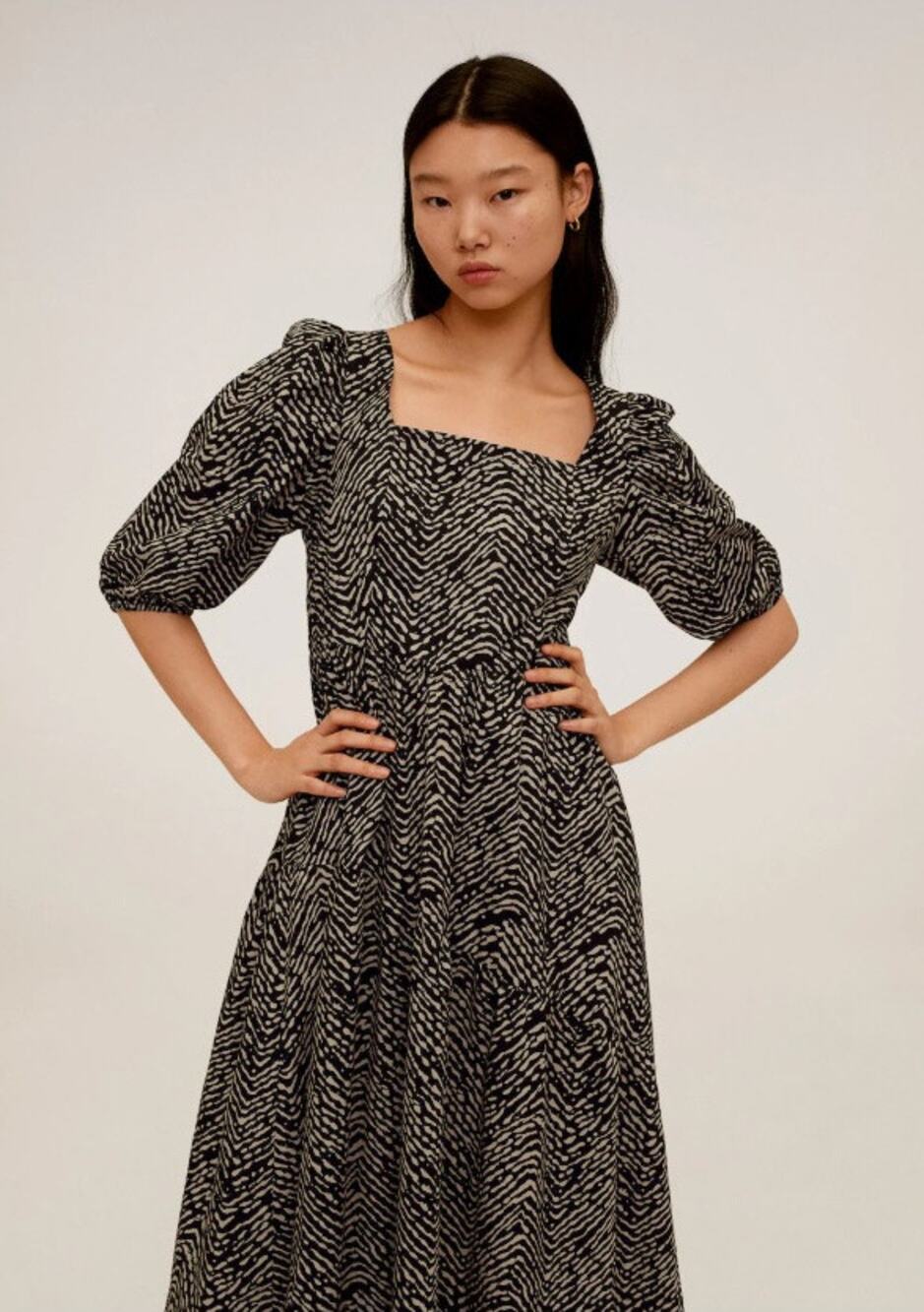 Mango US 10 XL Black White Animal Printed Square Neck Midi Dress Puff Sleeves